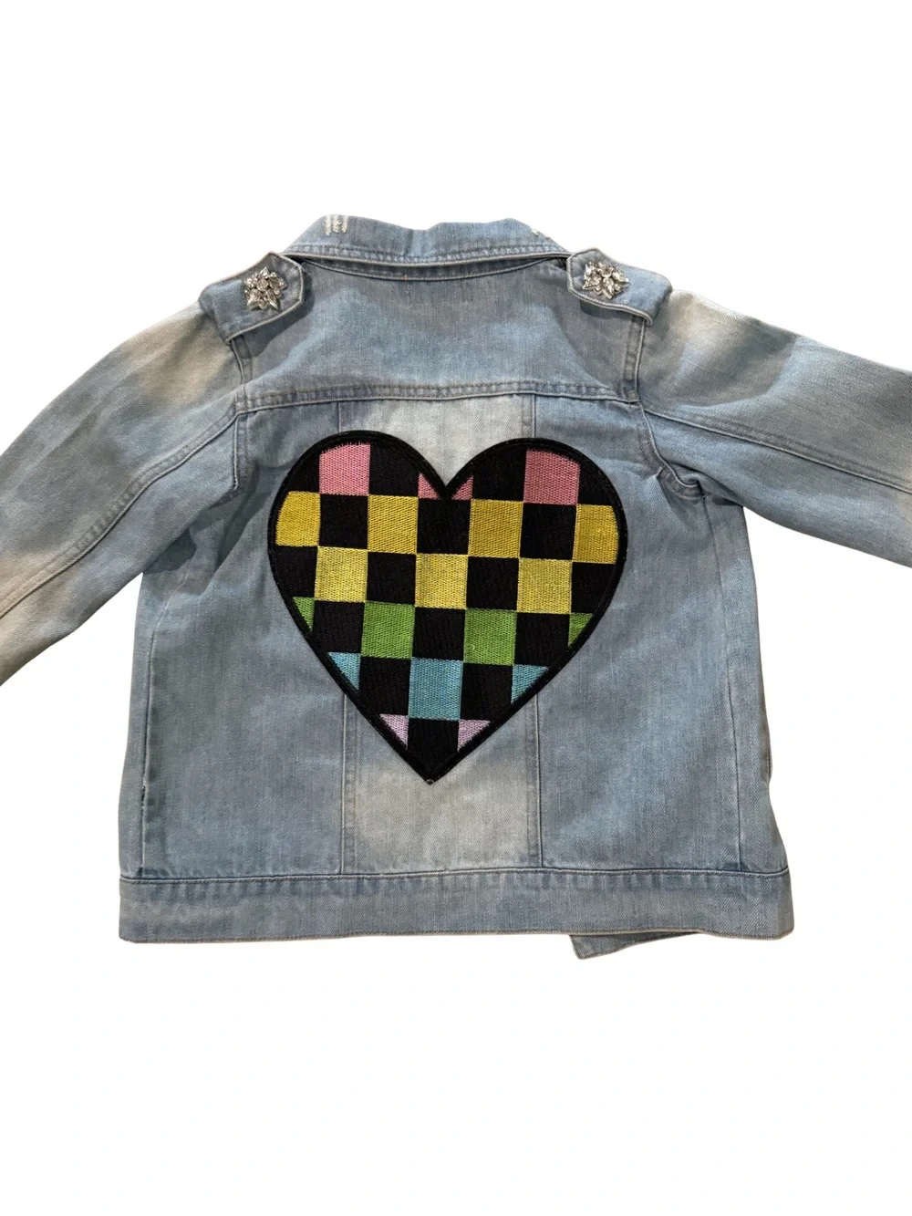 Lola & The Boys : Kids Light Wash Denim Jacket with Colorblock Heart Patch